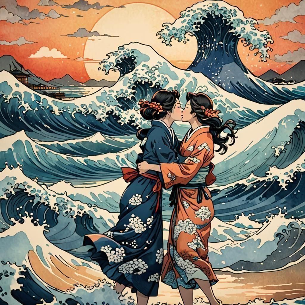 Ukiyo-e Kiss: Spirals and Sunset Waves