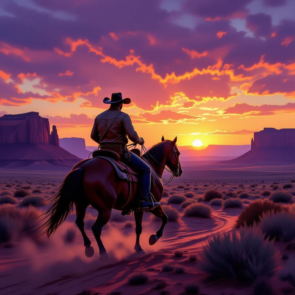 Cowboy Gallops Across Desert Landscape at Sunset