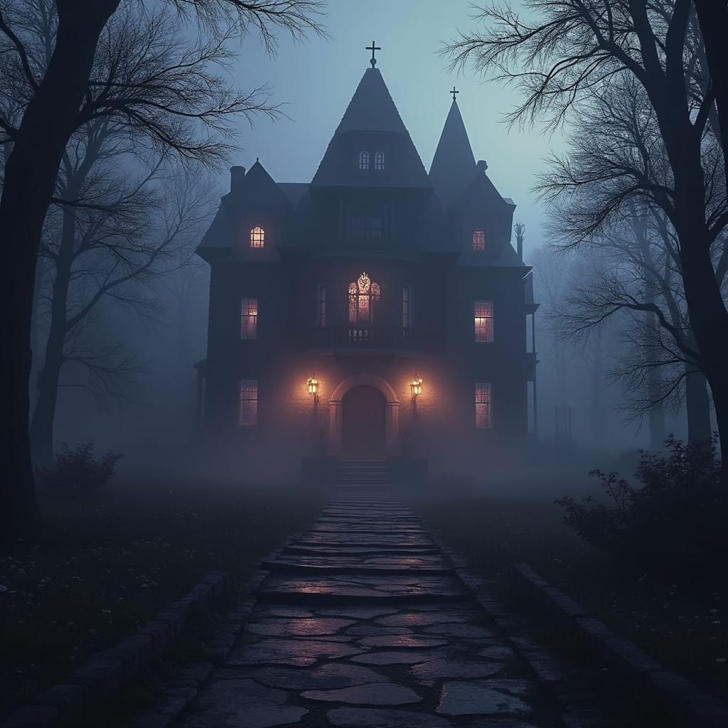 Haunting Manor at Forest Edge with Ethereal Guests