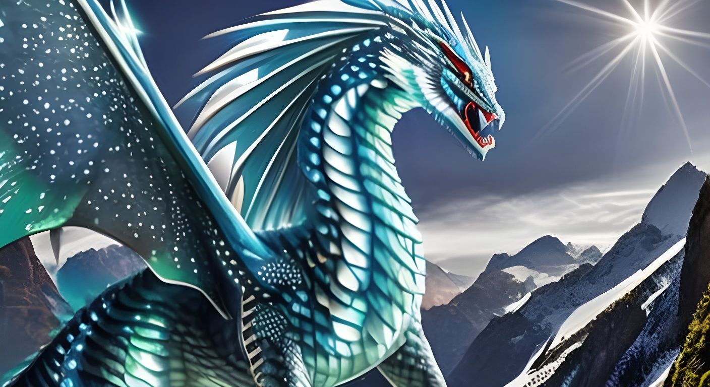 Ice Dragon Over Snowy Mountains, Watercolor Art