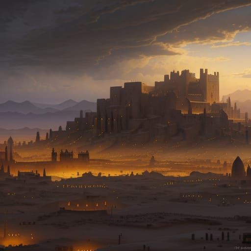Medieval Desert Town Market in Golden Hour