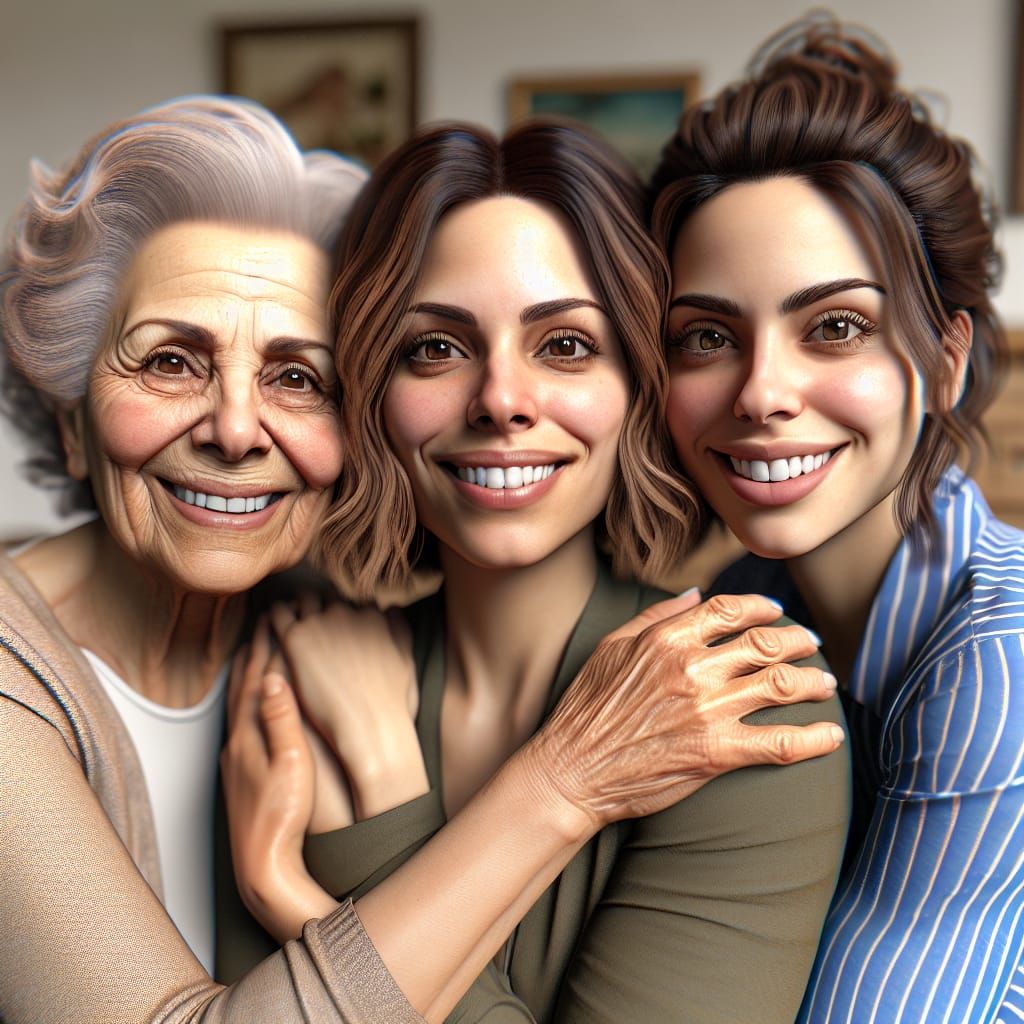 Disney Pixar style 3D beautiful three generations of Italian women, grandma, mom, adult daughter, faces look alike but d...