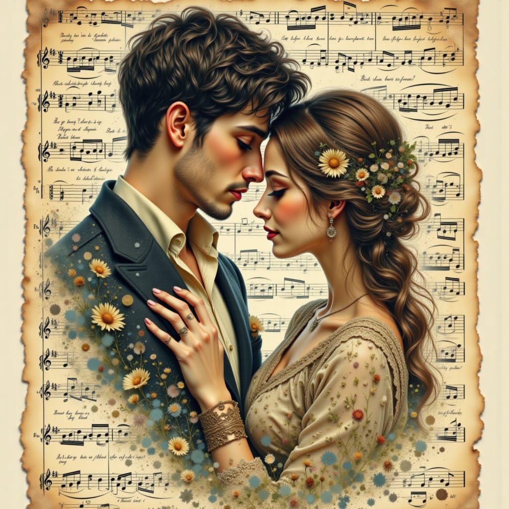 Romantic Couple Embracing Amidst Musical Score