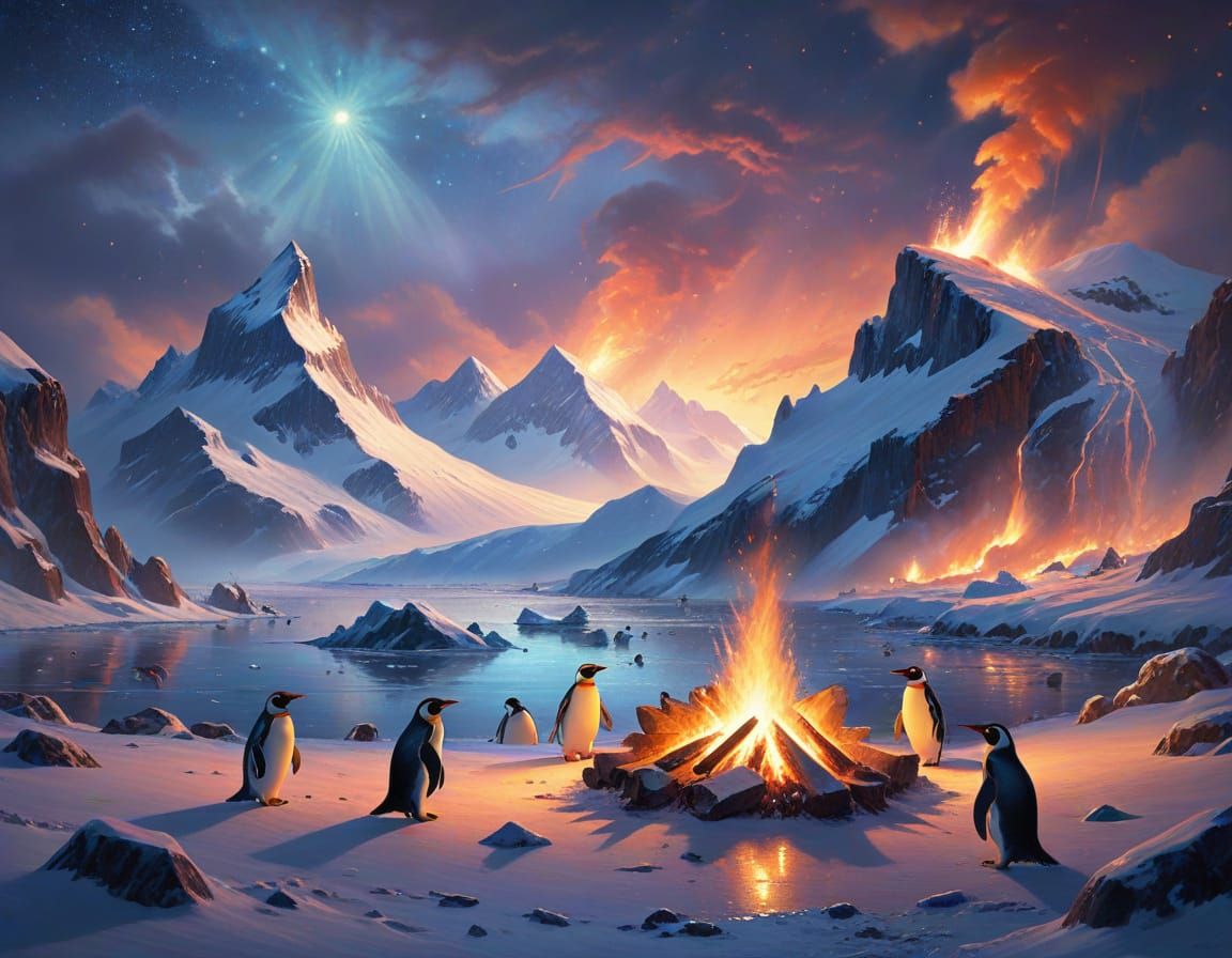 Penguins Gather Around Campfire in Ethereal Antarctic Night
