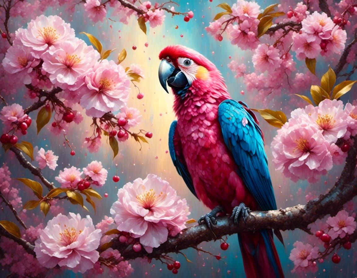 Macaw in Cherry Blossoms: Gouache Impressionist Masterpiece