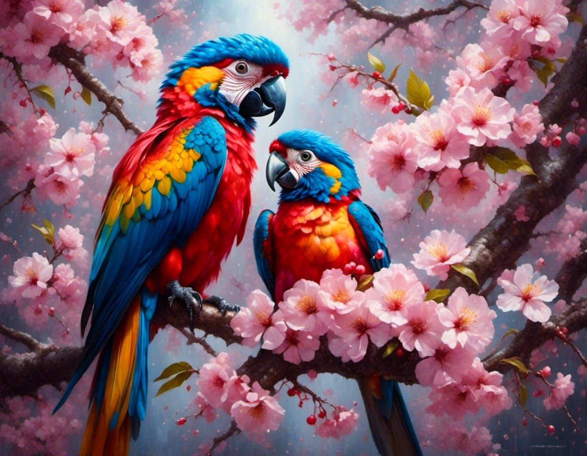 Macaw in Cherry Blossom, Gouache Impressionist Masterpiece