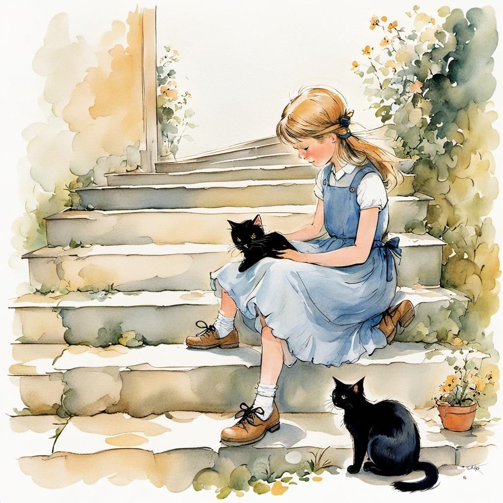 Girl and Black Cat, Illustrated Style