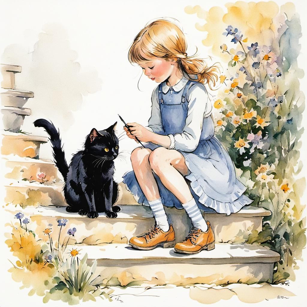 Girl with Black Cat, Illustrated Style
