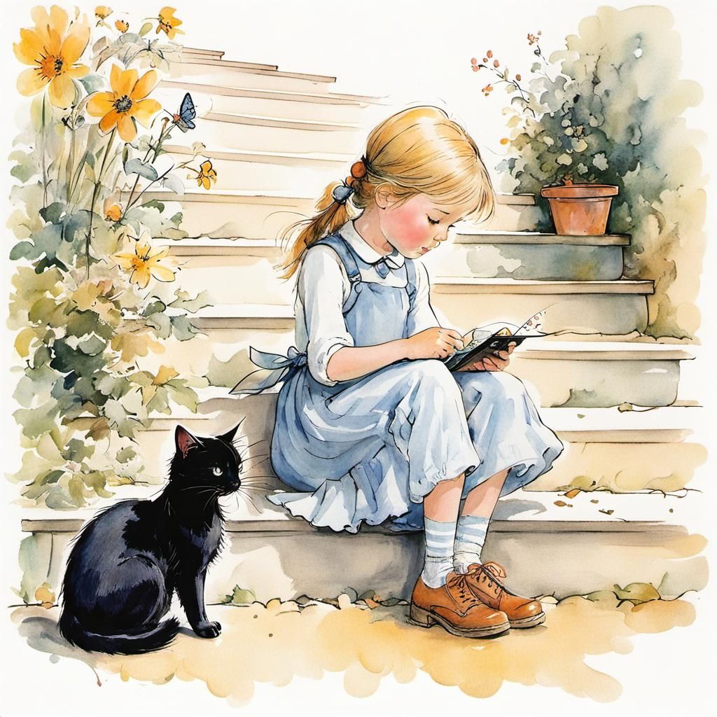 Whimsical Girl Adores Black Feline Companion in a Cozy Setti...