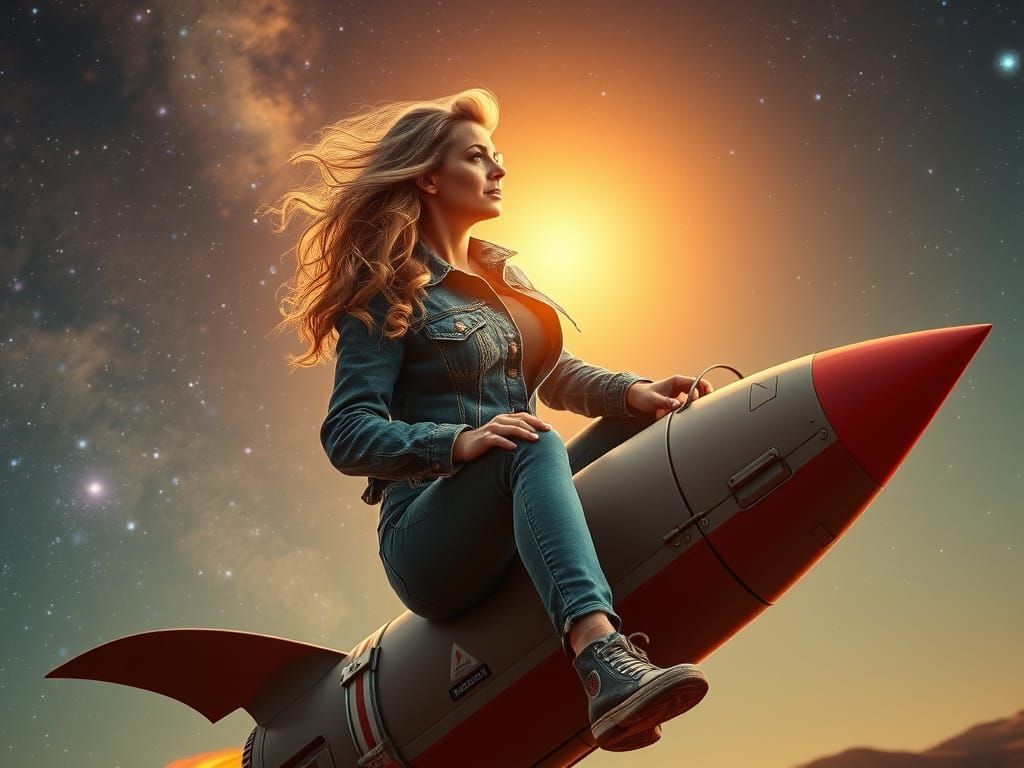 Woman Rides Rocket Ship Through Galaxy at Golden Hour
