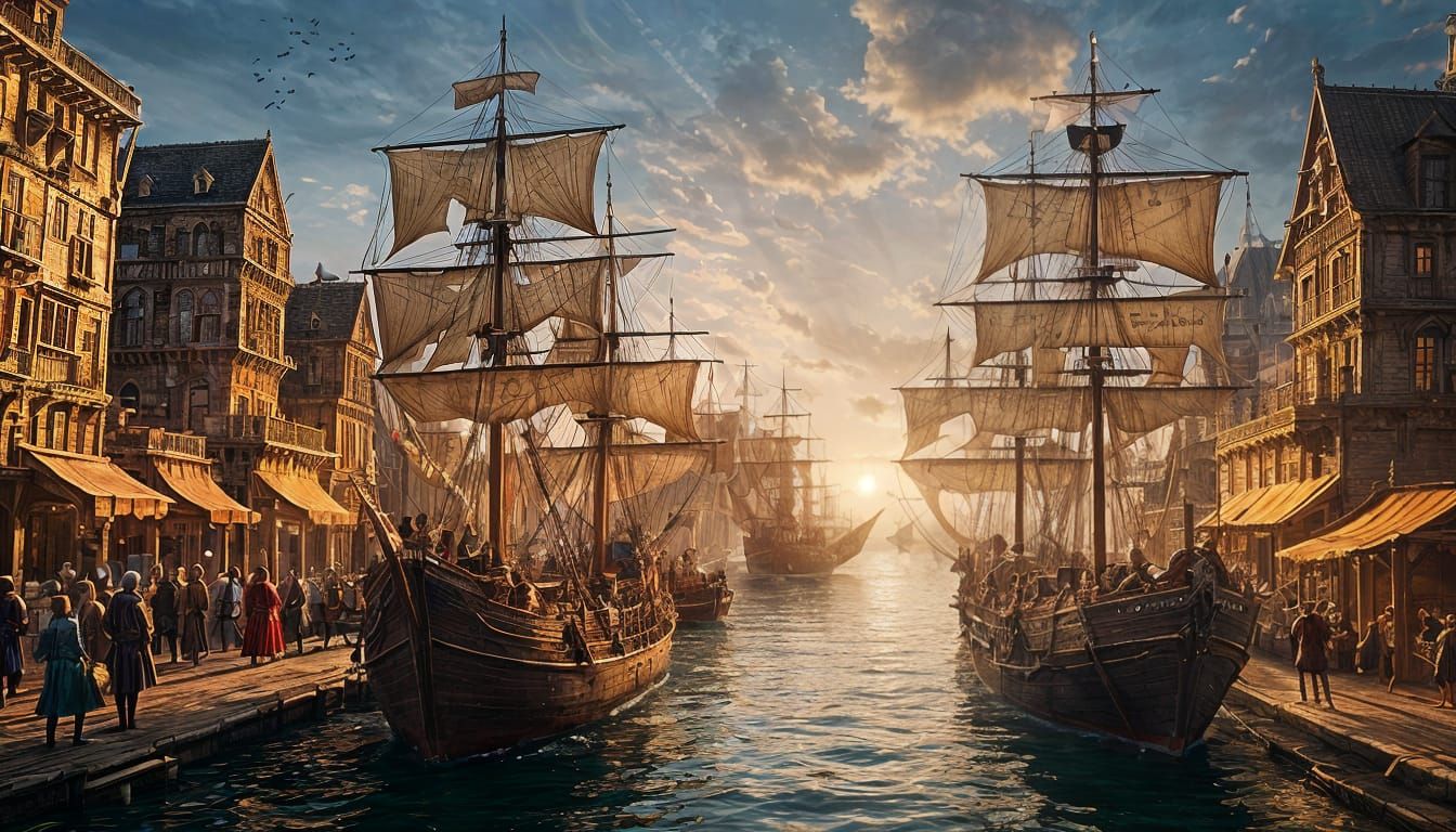 Busy Medieval Seaport: Epic Digital Matte Painting