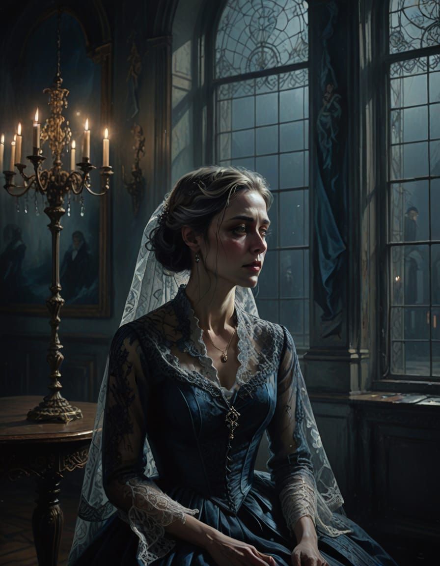 Aristocrat Woman Weeps in Fading Ballroom Oil Painting