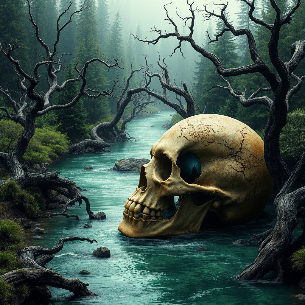 Fantasy wasteland with a river with a giant skull sticking out of the river in the middle of the woods in the style of G...