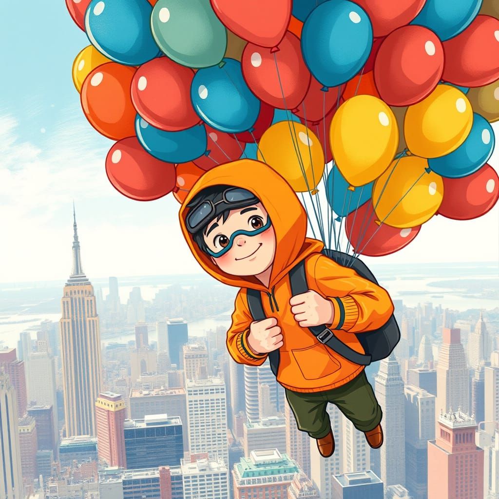 Boy Soaring Over New York with Balloons