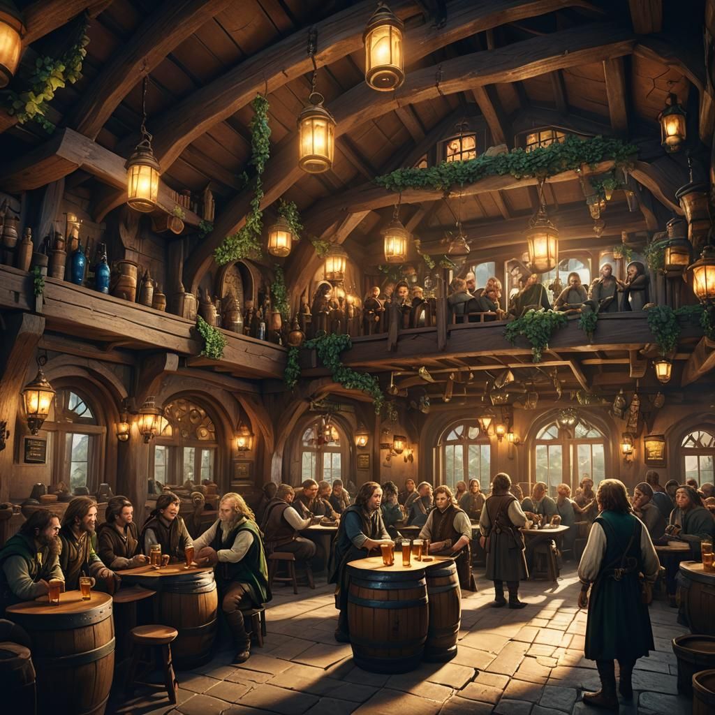 Luminous Hobbit Tavern Party in Fantasy Art Style