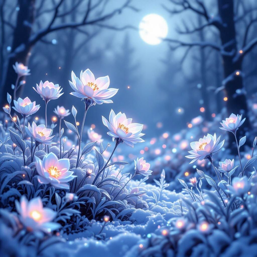 Ethereal Ice Flower Grove Under Moonlight