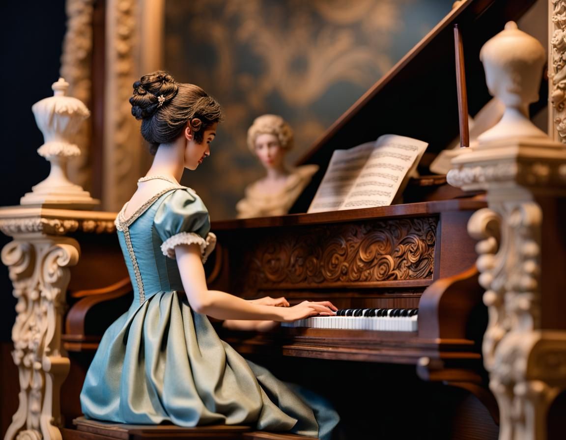 Regency Era Woman Plays Piano in Diorama