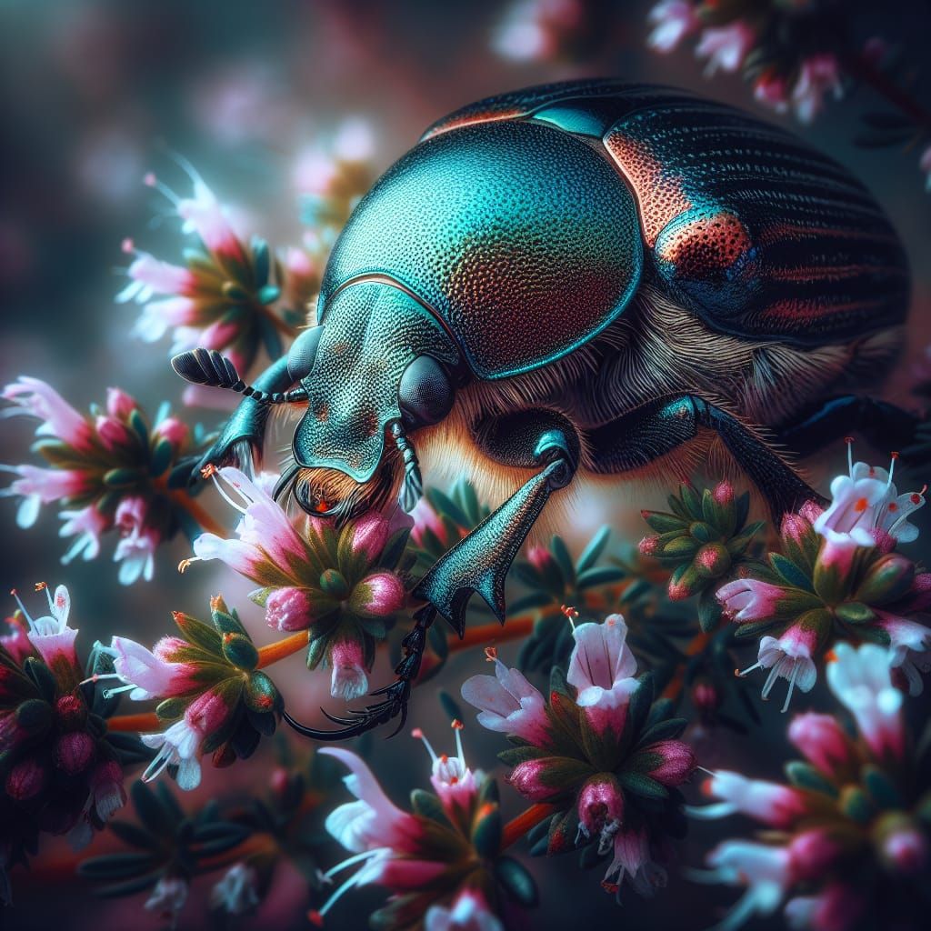 Hyperrealistic Snowdon Beetle Feeds on Wild Thyme