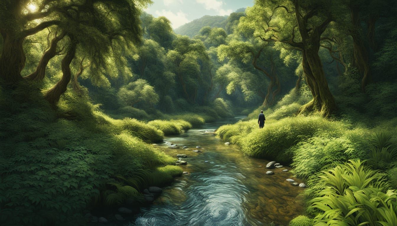 Lone Figure Beside Clear Stream, Hyperrealistic Digital Matt...