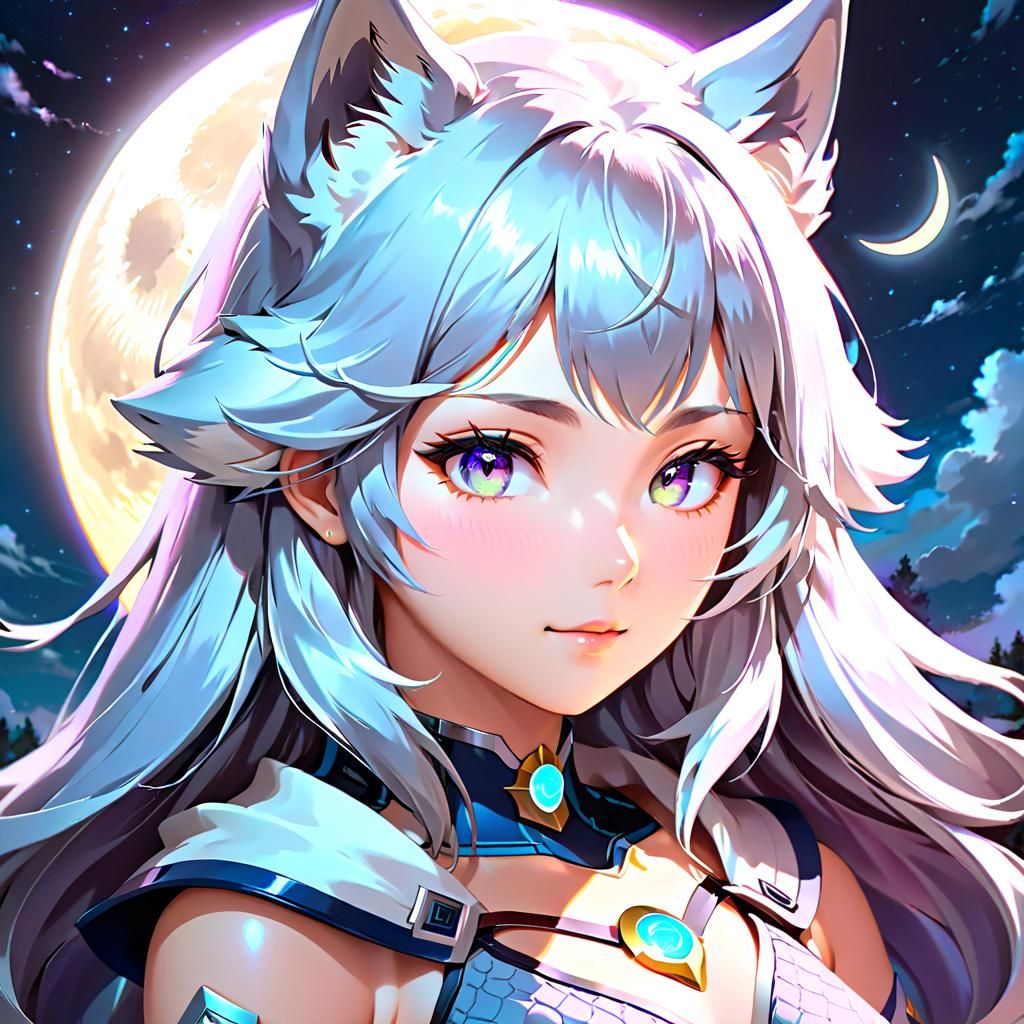 Anime Wolf-Woman Portrait with Crescent Moon
