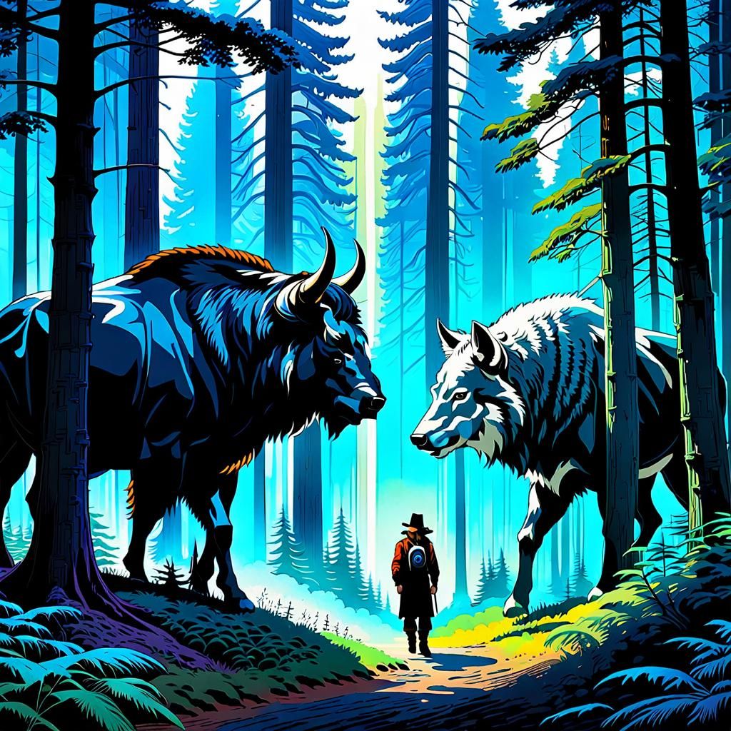 Native American, Bison, and Wolf in Bioluminescent Forest
