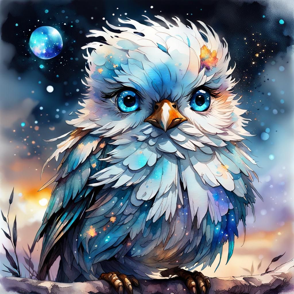 Cute Chibi Bird in Cosmos: Watercolor Art