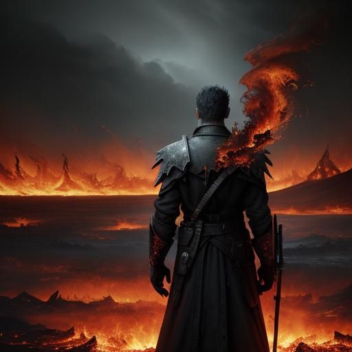Apocalyptic Figure Amidst Fiery Storm Concept Art