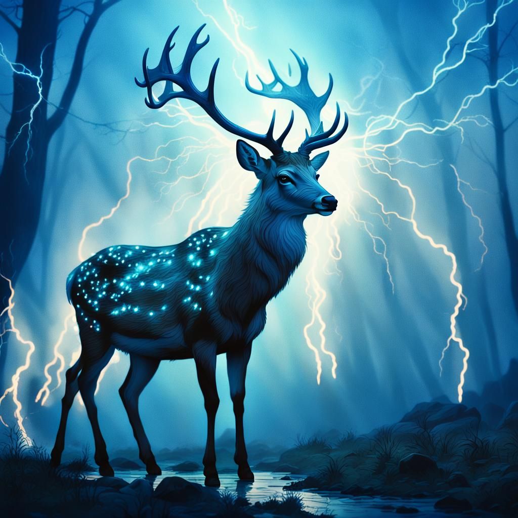 Majestic Deer in Smoke and Lightning: Ethereal Oil Painting