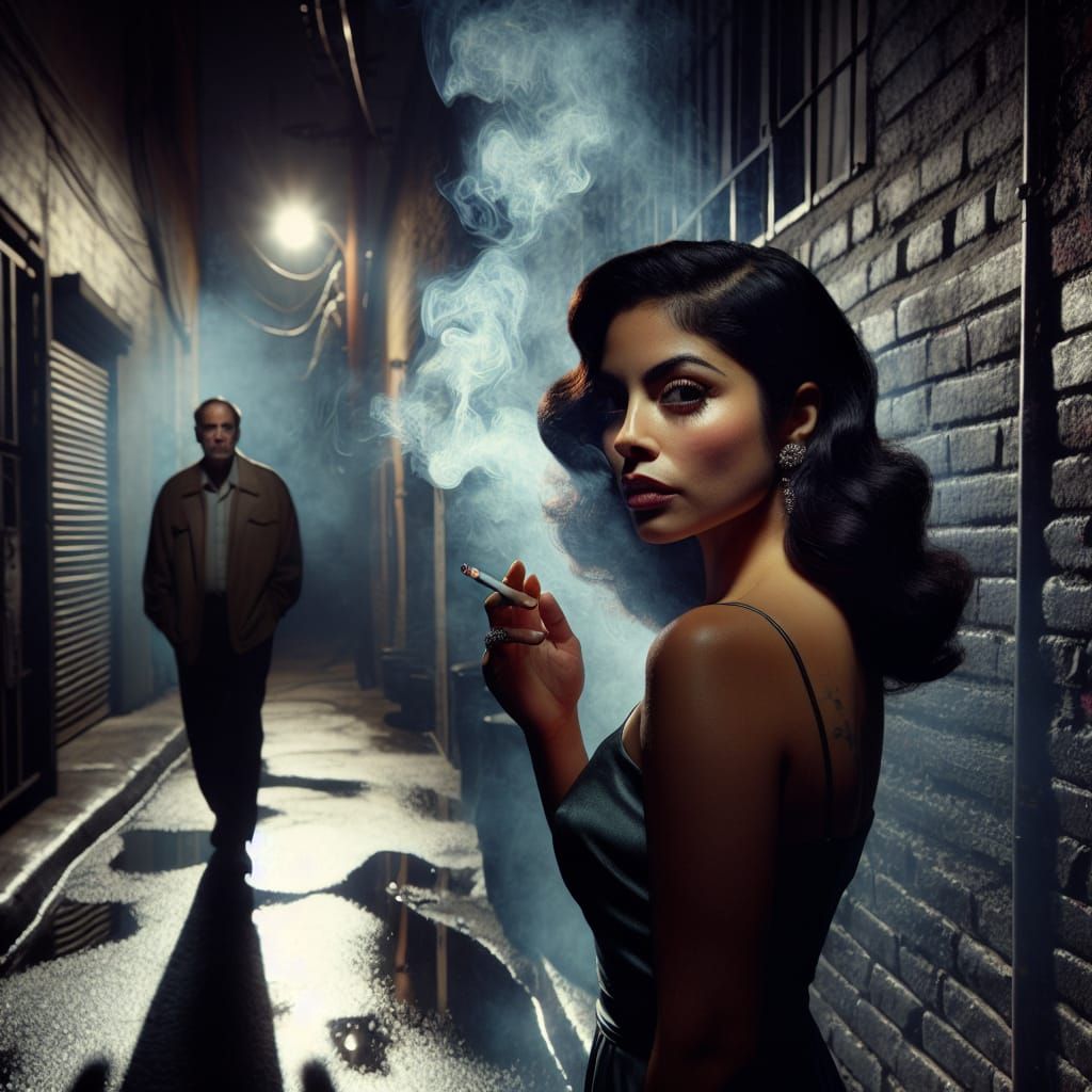 Film Noir: Tense Encounter in a Dark Alley