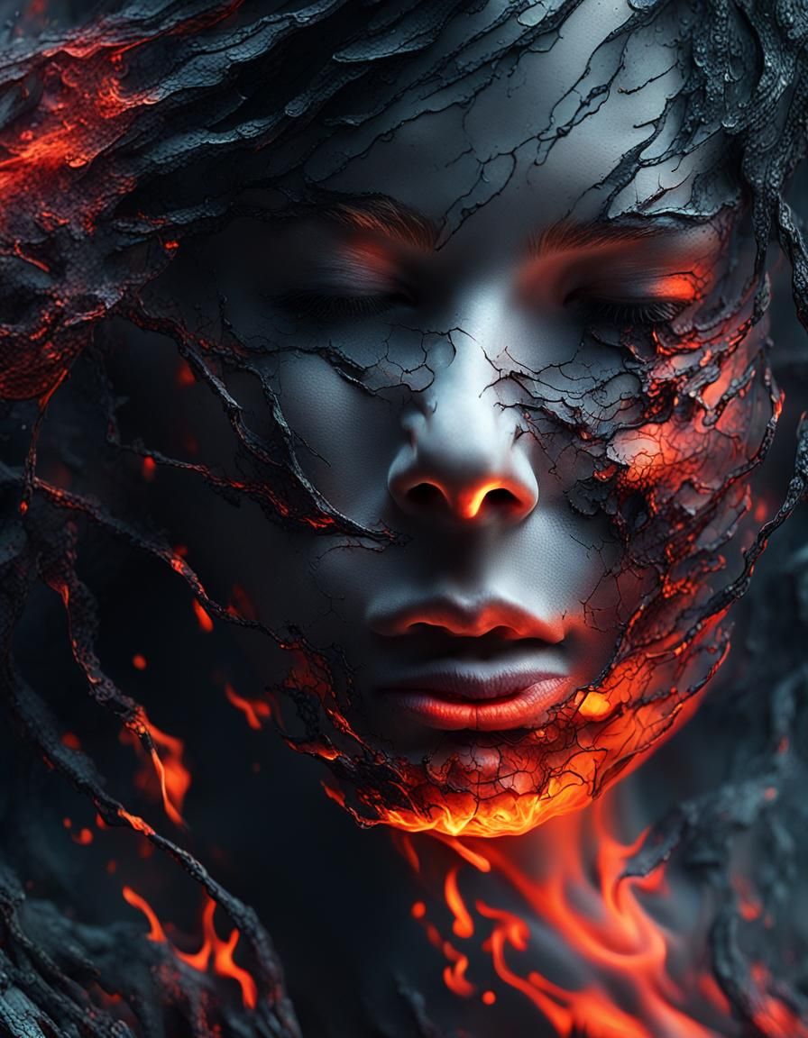Fiery Cyberpunk Princess Dissolving into Flames