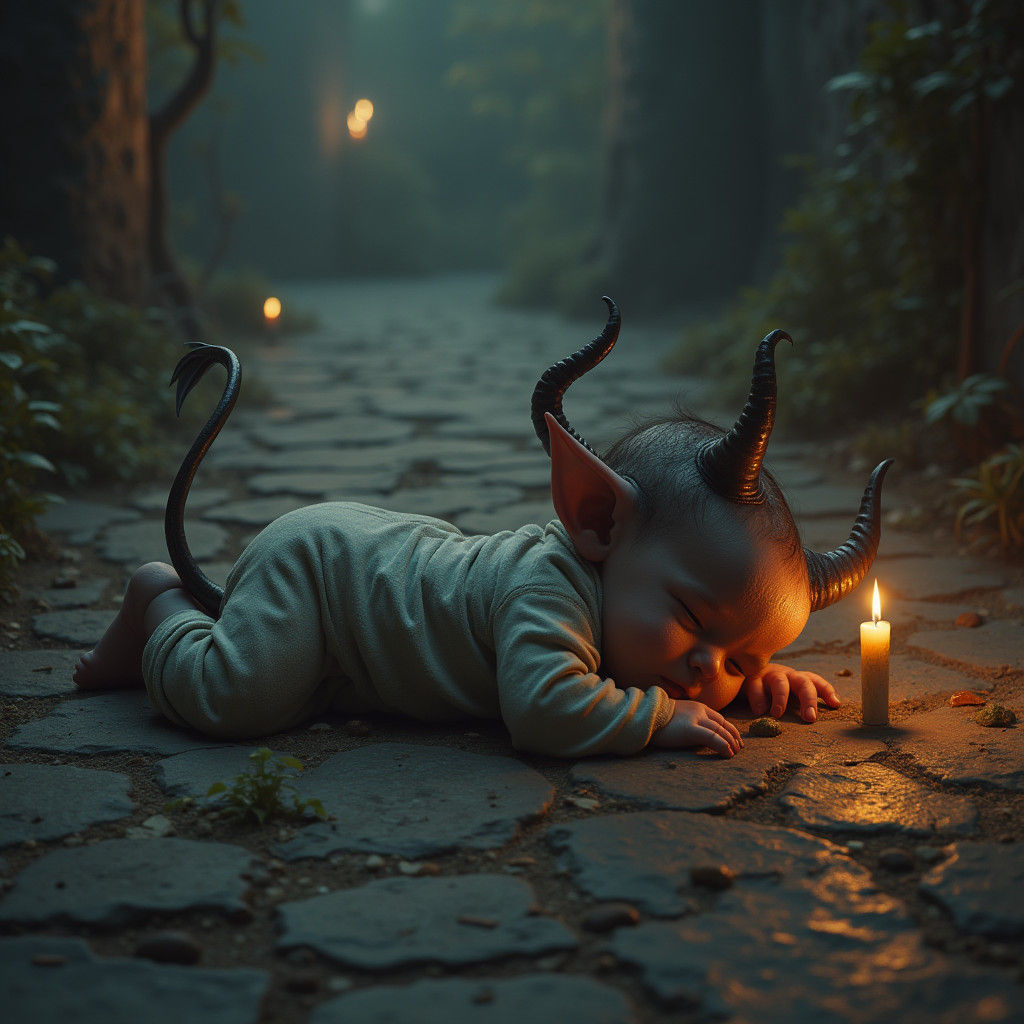 Demonic Infant in Haunting Candlelit Scene