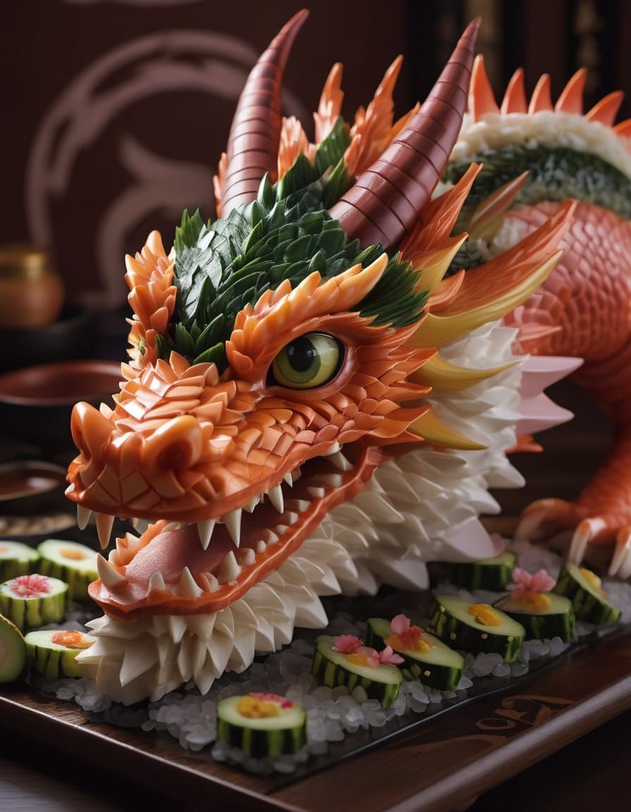 In a warmly lit kitchen, a majestic dragon head emerges from...