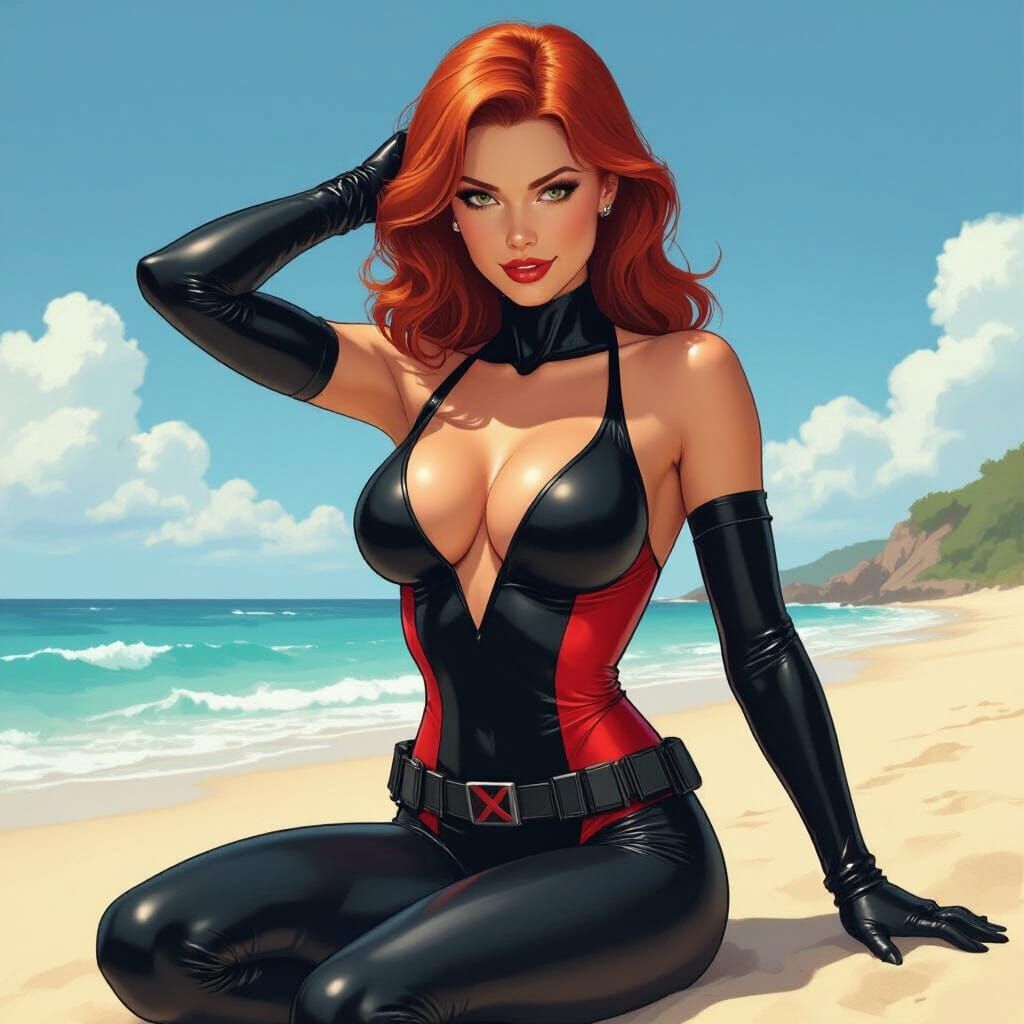 Black Widow Posing on Sunny Beach in Comic Art Style