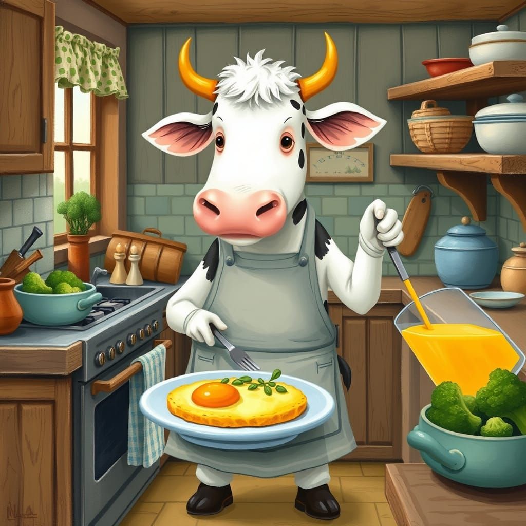 Cow Chef Prepares Omelet in Whimsical Kitchen