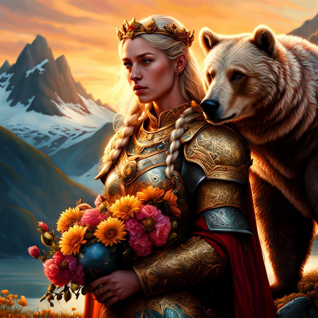 Viking Queen Gardening with Bear: Nordic Fantasy Art