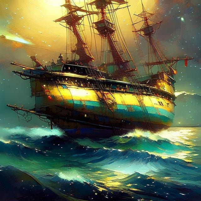 Epic Pirate Ship at Night: Starry Sky Illustration