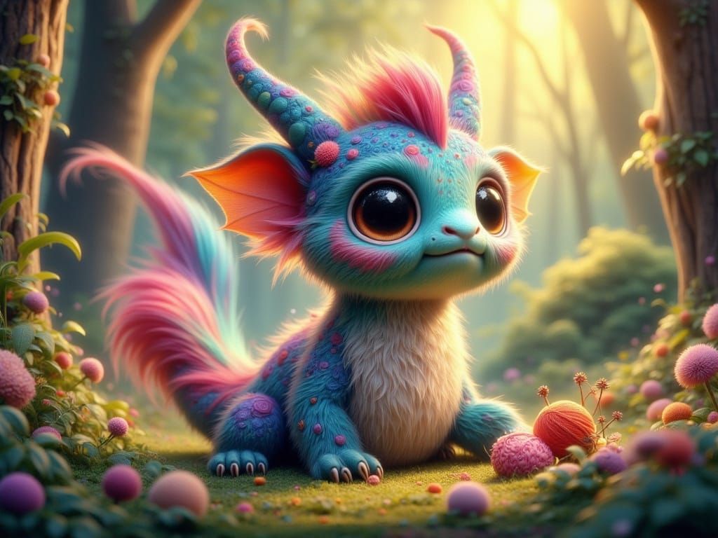 Cute Rainbow Dragon Plays in Whimsical Forest