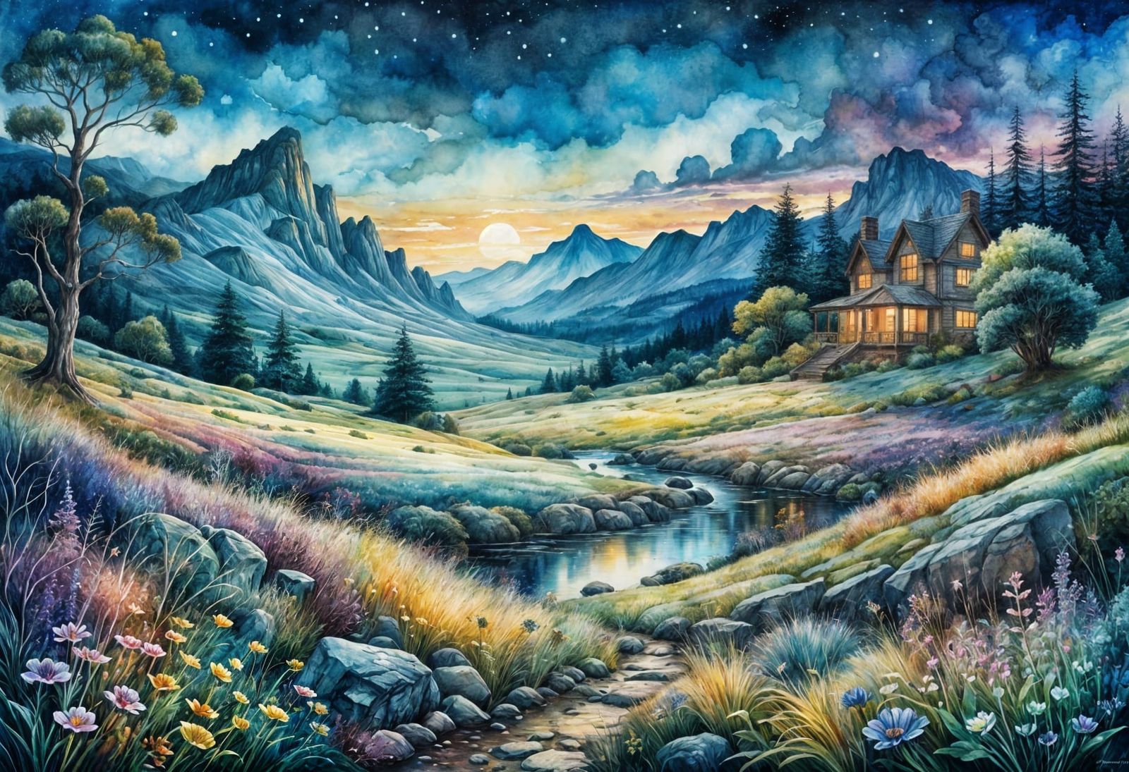 Watercolor Meadow Fantasy Landscape at Twilight