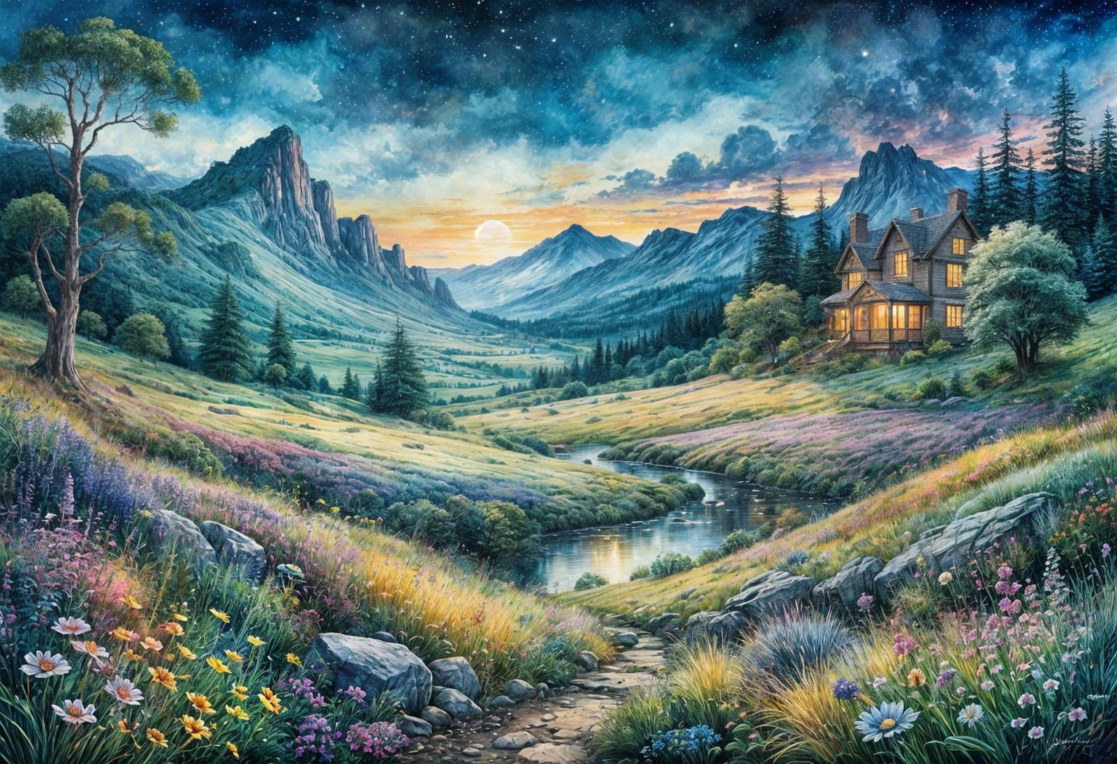 Twilight Meadow: Detailed Watercolor Fantasy Landscape