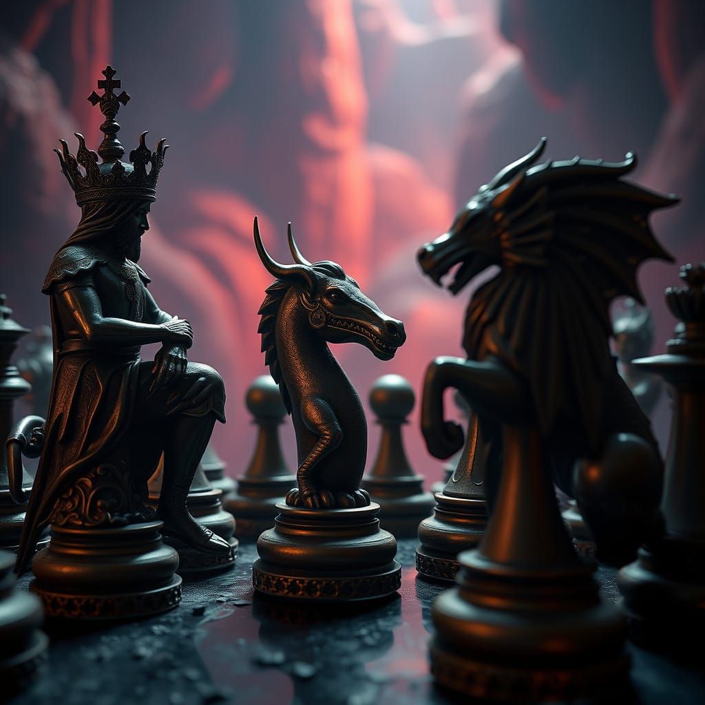 Epic Chess Scene with Realistic Figures in Fantastical Lands...