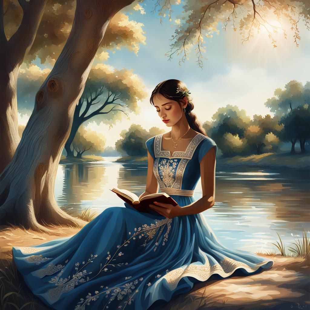 "In brilliant realistic colors: a girl sits under the shade ...