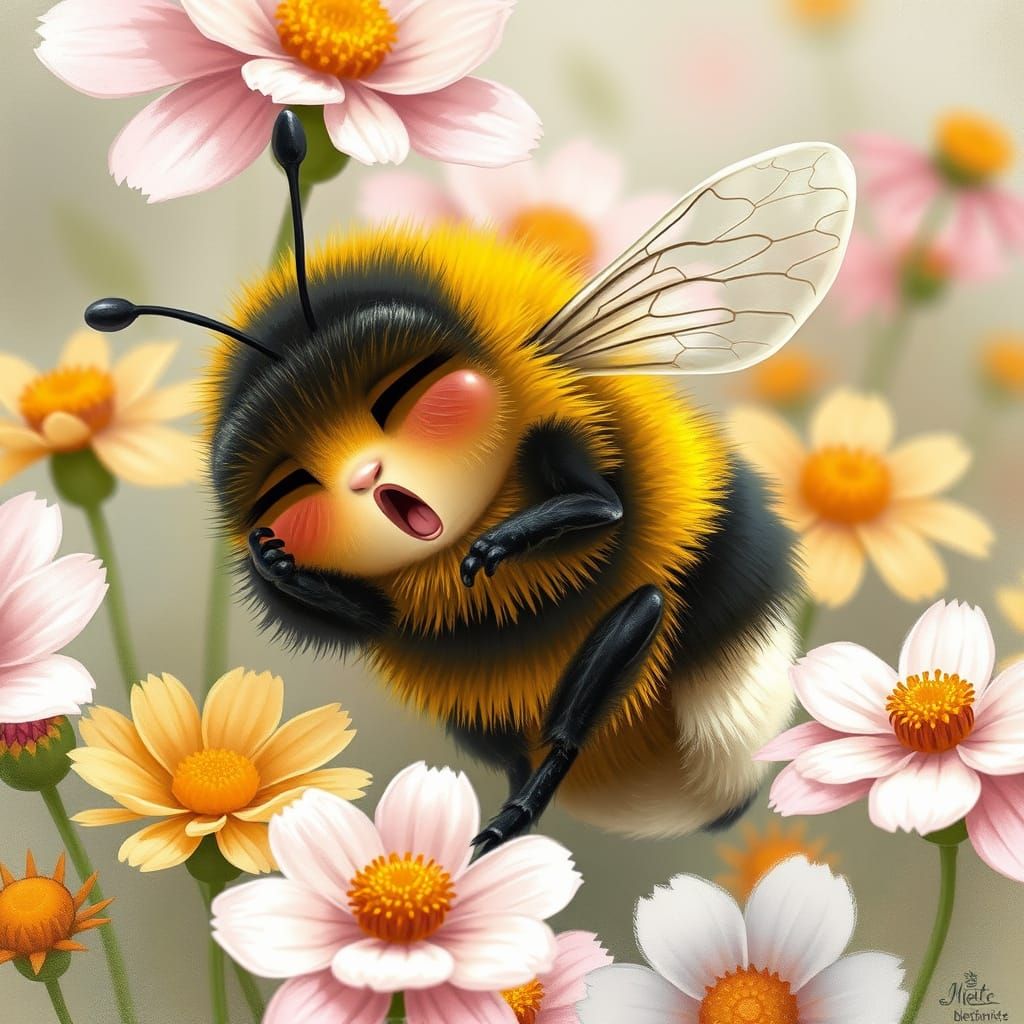 A sleepy bumblebee yawns and rubs his eyes
