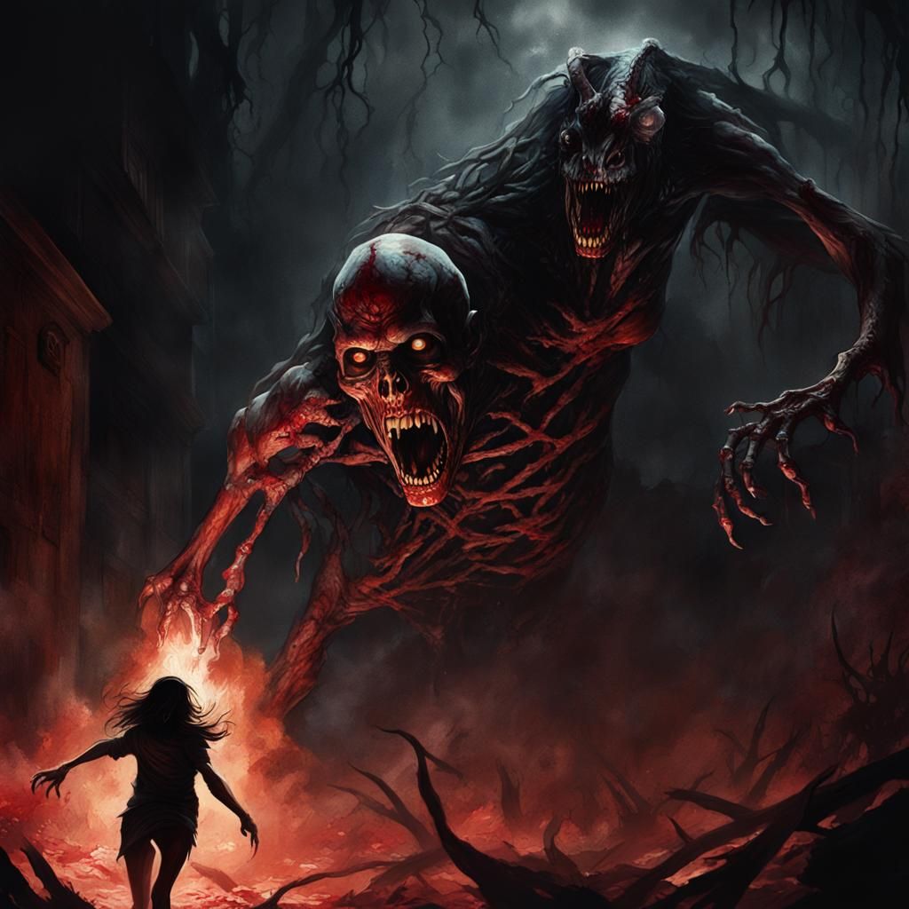 Woman in Terror, Chased by a Fearsome Beast in Dark Fantasy