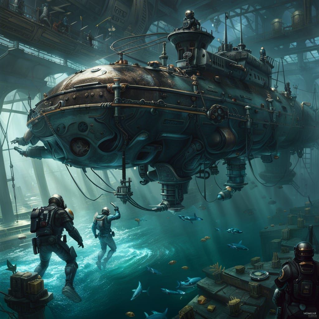 Post-Apocalyptic Robotic Submarine Battle: Digital Illustrat...