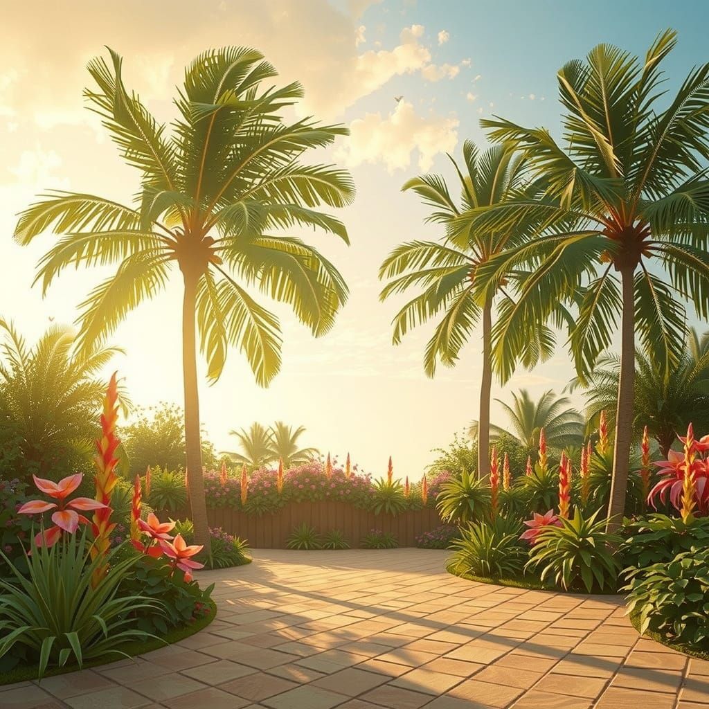 Palm Trees with Rainbow Light in Art Nouveau Style