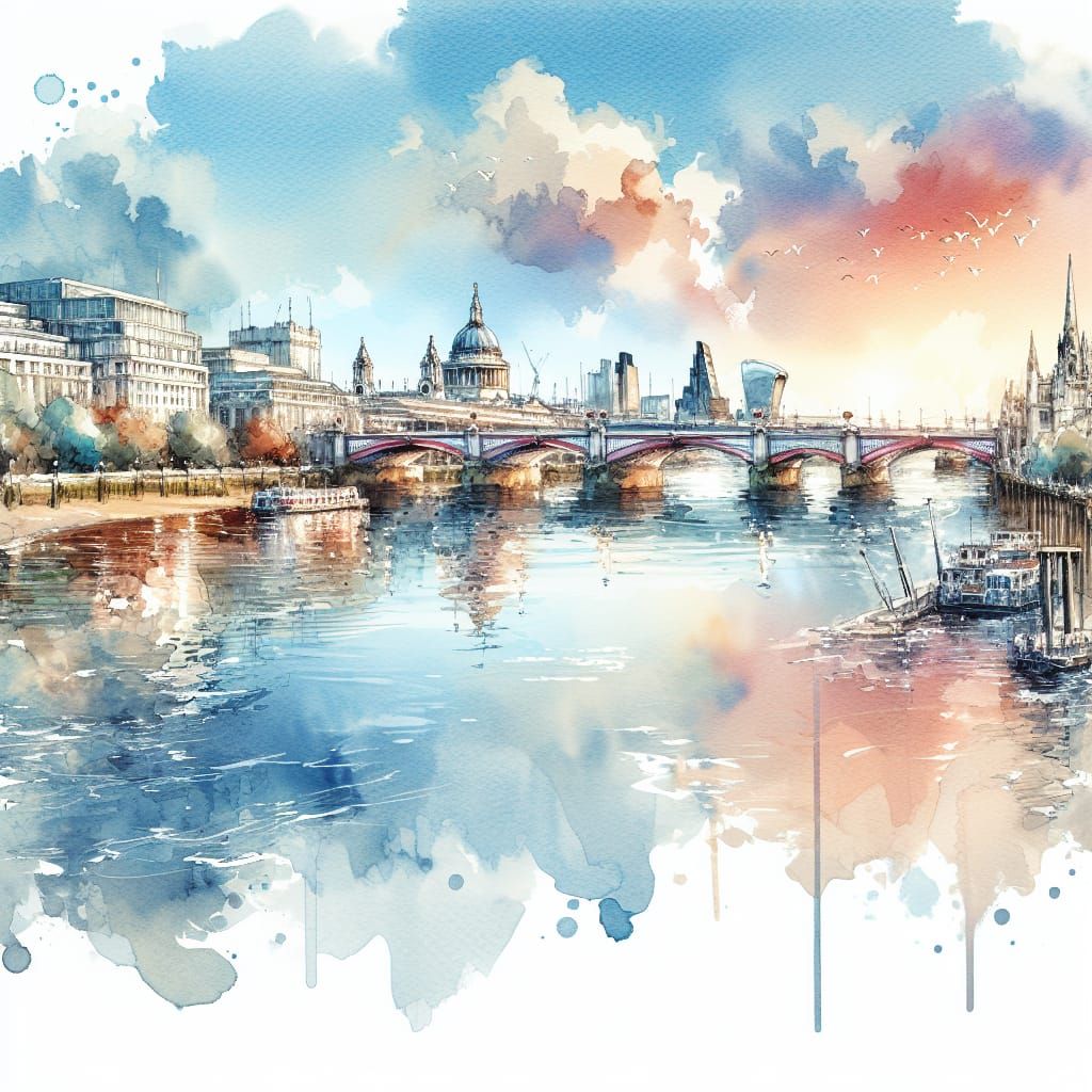 Watercolor Painting of the River Thames in London