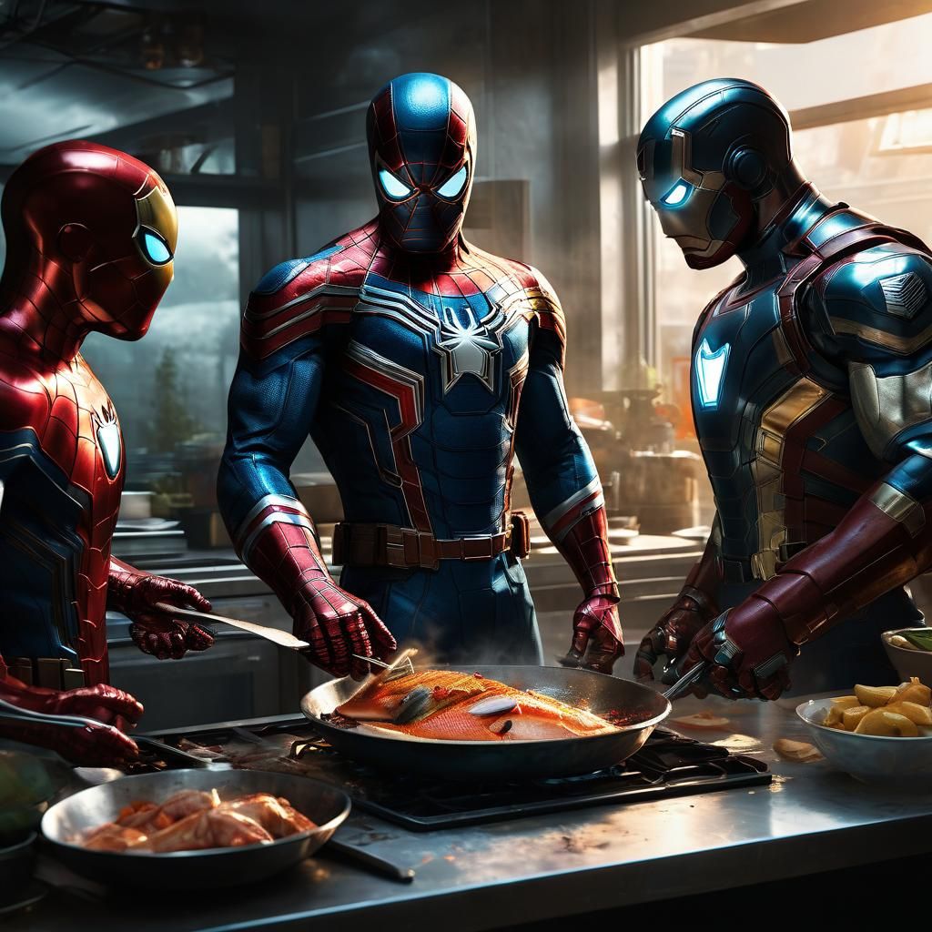 Hyperrealistic Marvel Concept Art of Spiderman Cooking in Fr...
