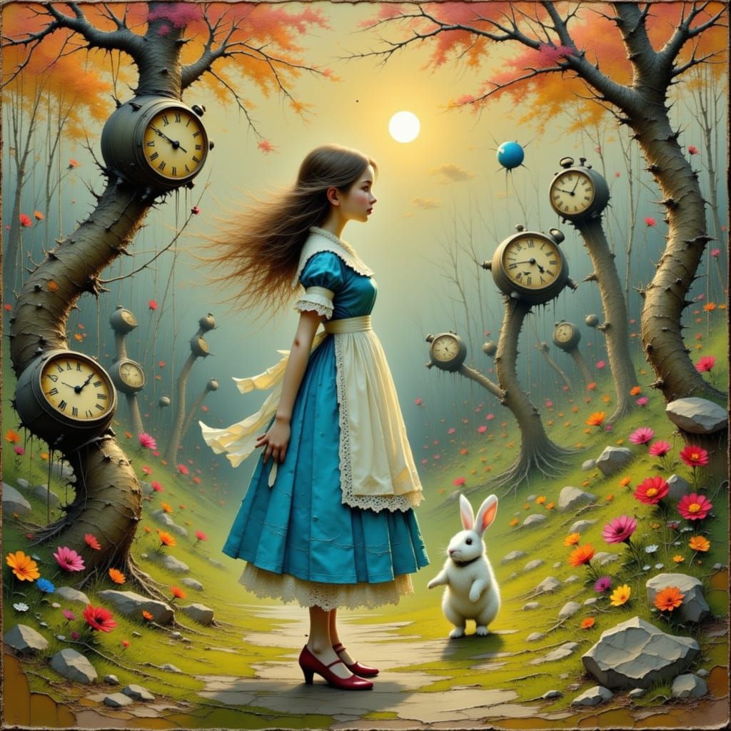 Alice Follows Glowing Rabbit Through Surreal Garden