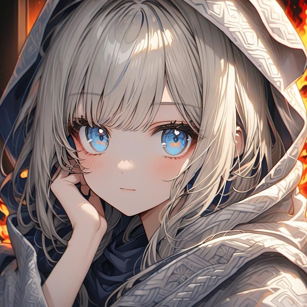 Cute Anime Girl Portrait by Fireplace