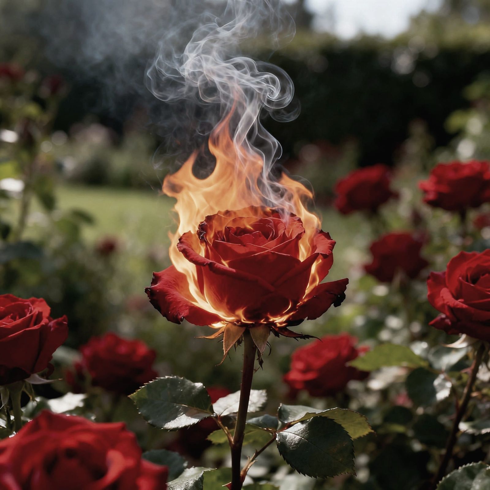 Burning Red Rose in Garden Amidst Others, Daytime Photograph...